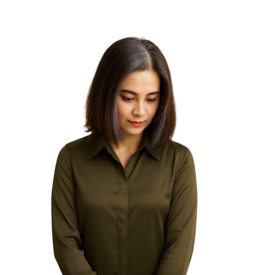 บีบี๋ ผู้หญิงวัย 40 ผมหงอกบาง กำลังก้มหน้า ใส่เสื้อสีเขียวมะกอก