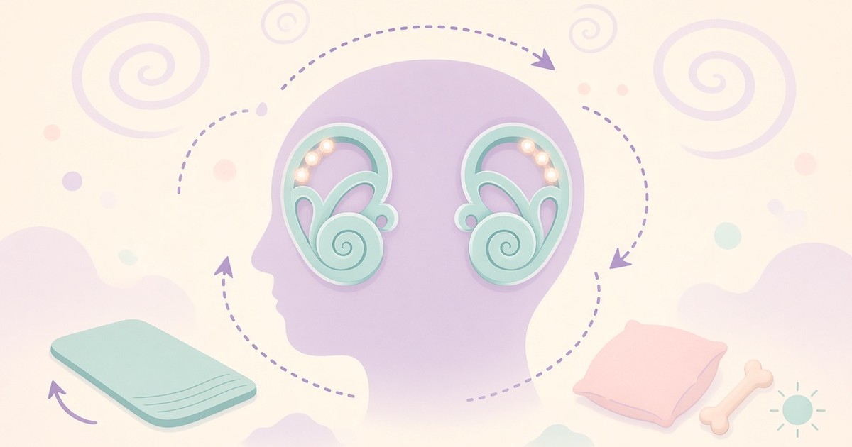 OG cover: ศีรษะสีลาเวนเดอร์ที่มองเห็นอวัยวะทรงตัวในหูชั้นในสีมิ้นต์ทั้ง 2 ข้างพร้อมผลึกหินปูนเล็กๆ ลูกศรเส้นประแสดงท่าหมุนศีรษะจัดตะกอน เสื่อออกกำลังกายกับลูกศรลุกขึ้น หมอนสีชมพู กระดูก และดวงอาทิตย์